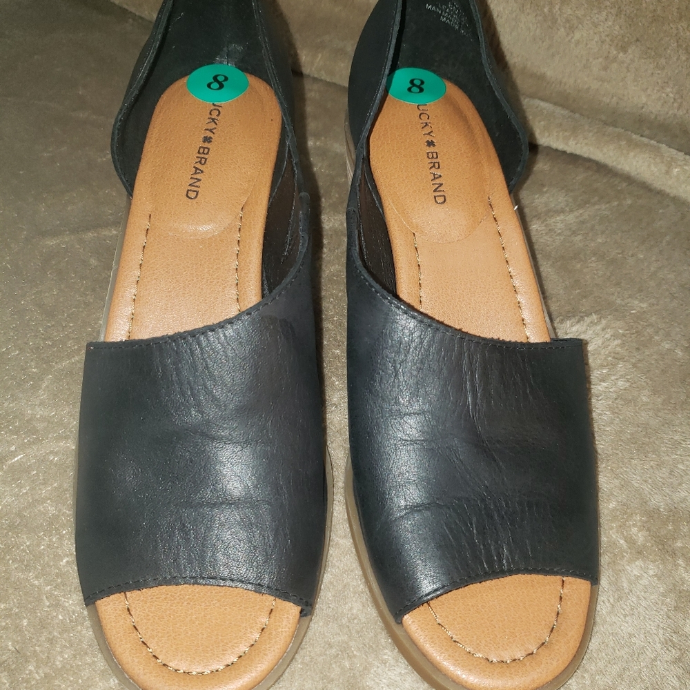 Lucky Brand size 8, black cut out, open toe, block heel loafer shoes